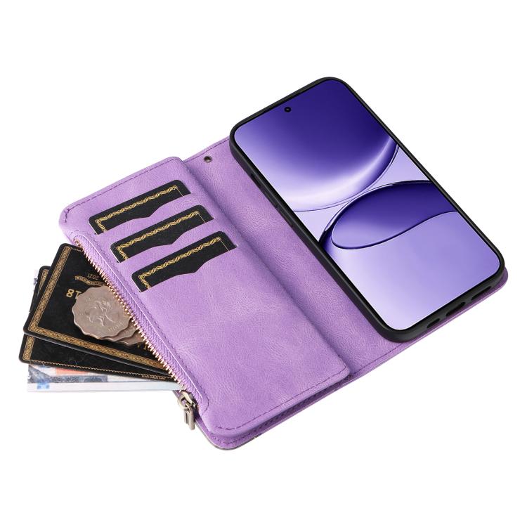 Funda de cuero con cremallera para Xiaomi Poco F7, color morado, con 9 ranuras para tarjetas