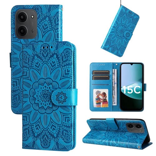 Funda de piel con estampado de girasoles en relieve para Redmi 15C 4G (171,5 mm) y Xiaomi Poco C85 4G (azul)
