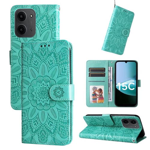 Funda de piel con estampado de girasoles en relieve para Redmi 15C 4G (171,5 mm) y Xiaomi Poco C85 4G (verde)