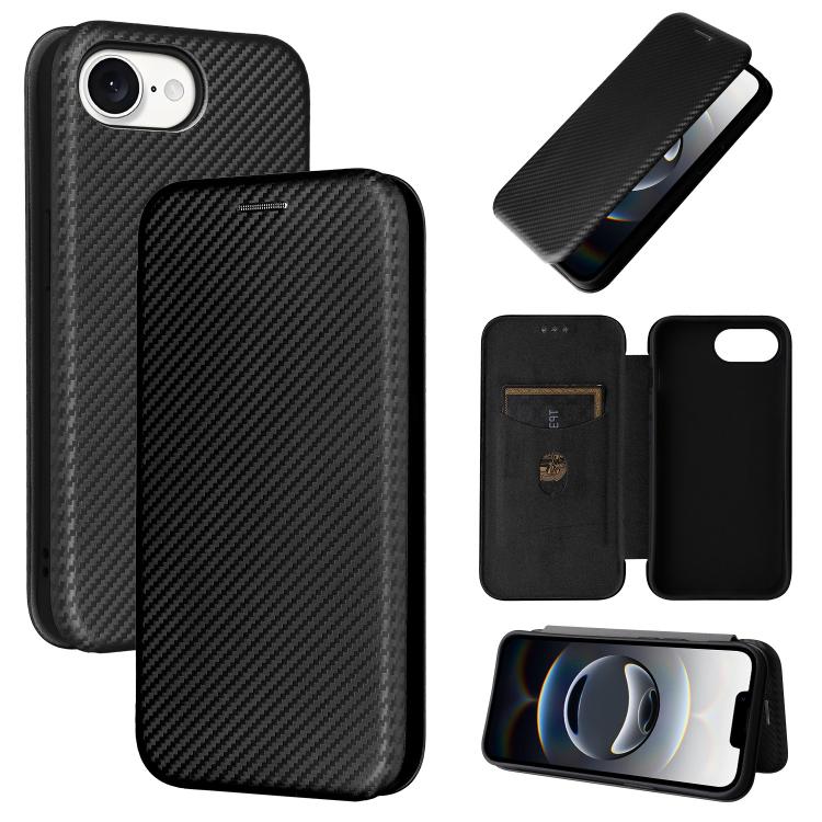 Funda de Cuero con Tapa y Textura de Fibra de Carbono para iPhone 16E (Negra)