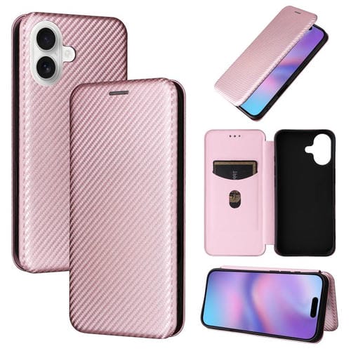 Funda de cuero con textura de fibra de carbono para iPhone 17 (rosa)