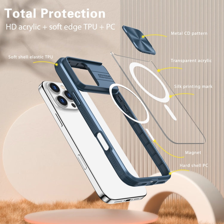 Funda para iPhone 16 Pro Max Cubierta Deslizante Acrílico Transparente PC TPU Lente Magsafe Cobertura Total (Azul Marino)