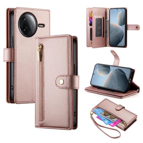 Funda de cuero con cremallera y ranura para tarjetas para Redmi K80/K80 Pro (rosa)