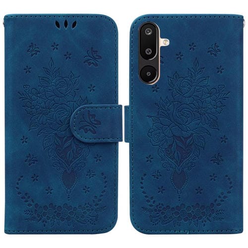 Funda de piel con relieve de mariposa y rosa para Samsung Galaxy M16 5G / F16 5G / M36 5G (azul)