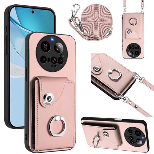 Funda para Xiaomi 15 Ultra con tarjetero y anillo para teléfono con cordón largo (rosa)