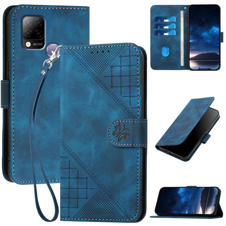 Funda de Cuero para Infinix Hot 10T/Hot 10S con Diseño Mariposa en Relieve y Cordón (Azul Oscuro)