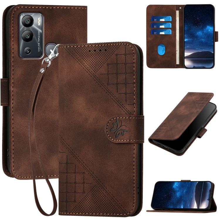 Funda de Cuero para Infinix Hot 12I con Diseño en Relieve de Mariposas y Cordón (Café)