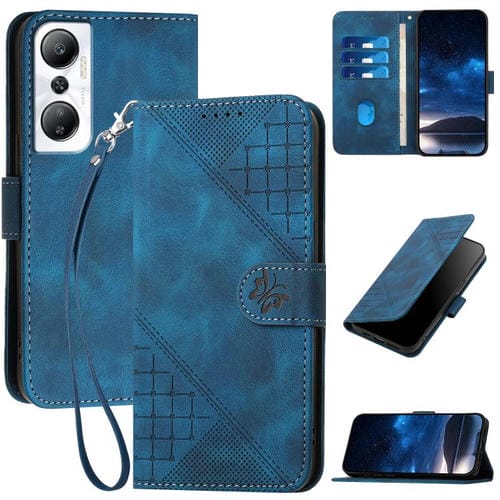 Funda de Cuero para Infinix Hot 20 4G con Diseño Mariposa en Relieve y Cordón (Azul Oscuro)