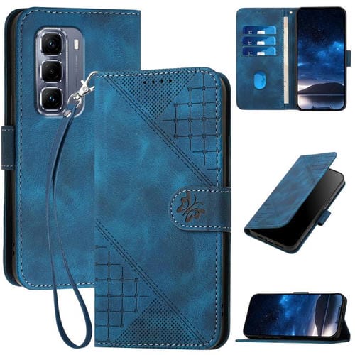 Funda de Cuero para Infinix Hot 50 Pro 4G con Diseño Mariposa en Relieve y Cordón (Azul Oscuro)