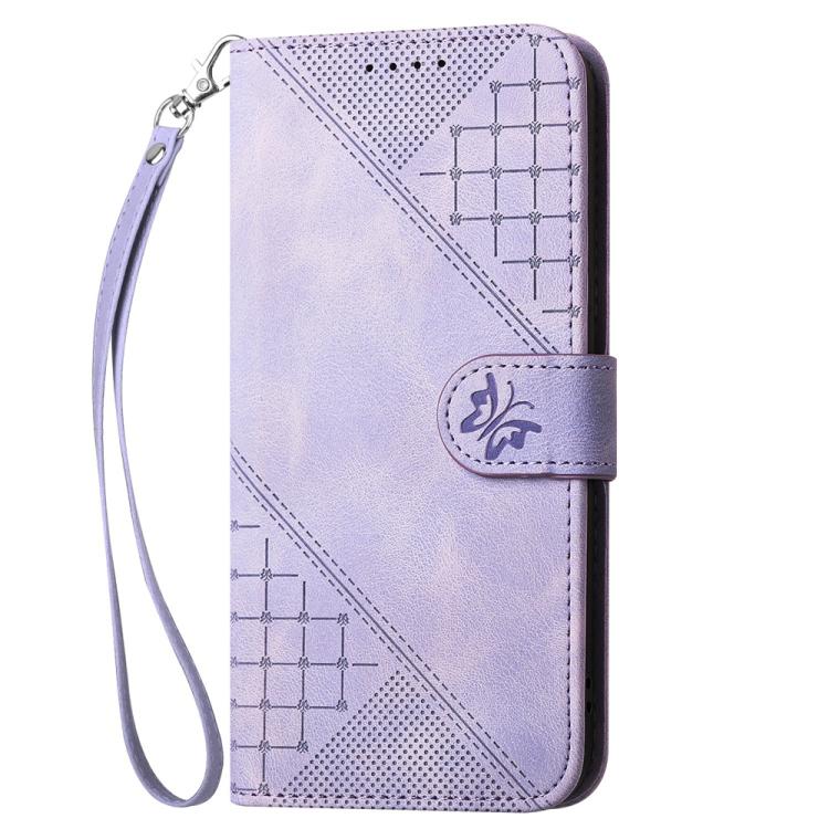 Funda de Cuero para Infinix Hot 50 Pro 4G con Diseño Mariposa en Relieve y Cordón (Morado Claro)