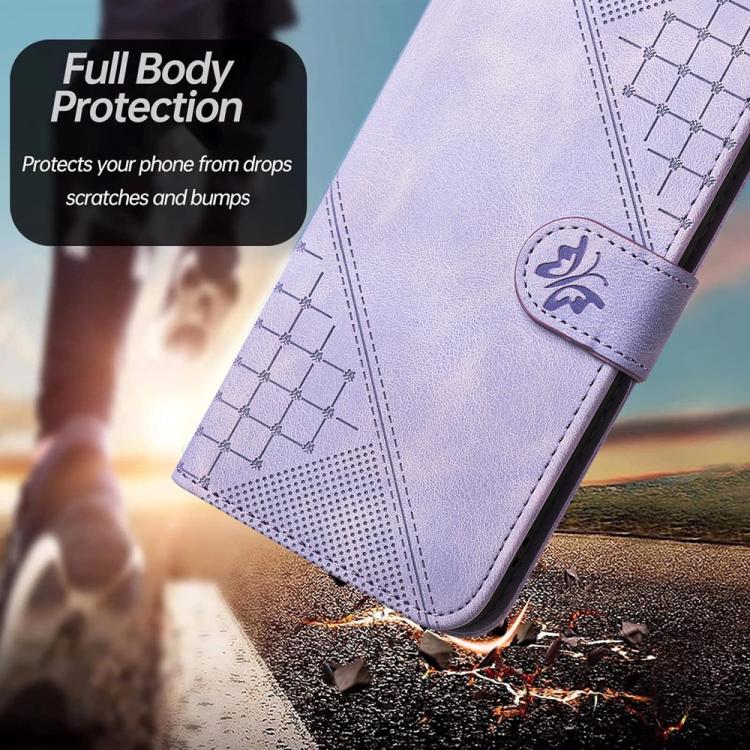 Funda de Cuero para Infinix Smart 6 Plus con Diseño de Mariposa en Relieve y Cuadrícula (Morado Claro)
