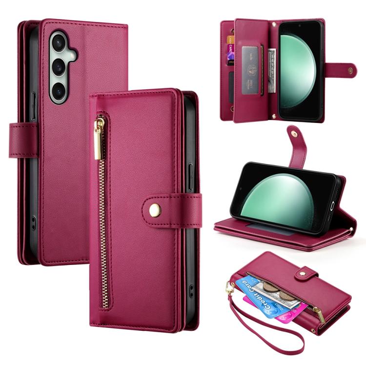 Funda de cuero con cremallera y nueve ranuras para tarjetas para Samsung Galaxy S25 FE 5G (roja)