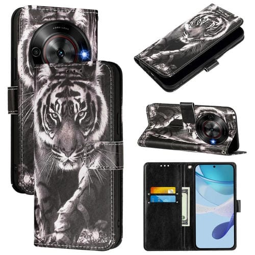 Funda de Cuero para ZTE Blade A75 5G y Nubia Focus con Patrón Tigre (Blanco y Negro)