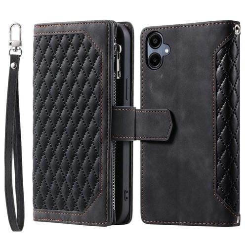 Funda de cuero con cremallera y cordón para Samsung Galaxy A07 4G (negro)