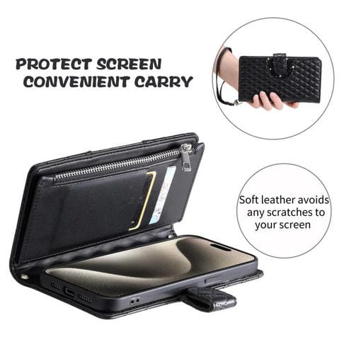 Funda de cuero tipo billetera con cremallera y diseño de celosía brillante para Samsung Galaxy A17 5G (negra)