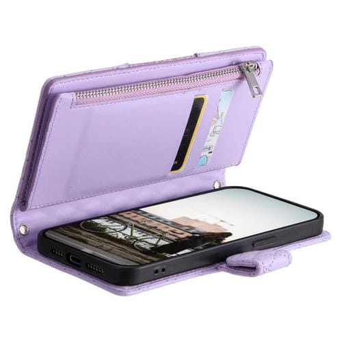 Funda de cuero tipo billetera con cremallera y diseño de celosía brillante para Samsung Galaxy A17 5G (morado)