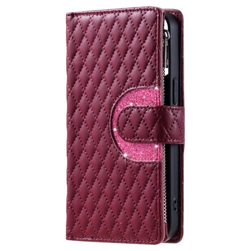 Funda de cuero tipo billetera con cremallera y diseño de celosía brillante para Samsung Galaxy A17 5G (rojo vino)