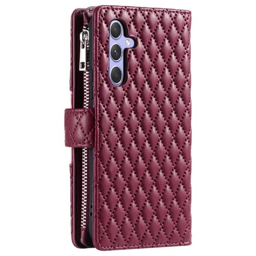 Funda de cuero tipo billetera con cremallera y diseño de celosía brillante para Samsung Galaxy A17 5G (rojo vino)
