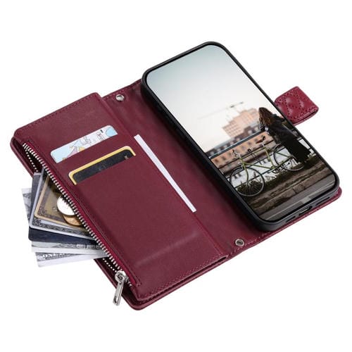 Funda de cuero tipo billetera con cremallera y diseño de celosía brillante para Samsung Galaxy A17 5G (rojo vino)