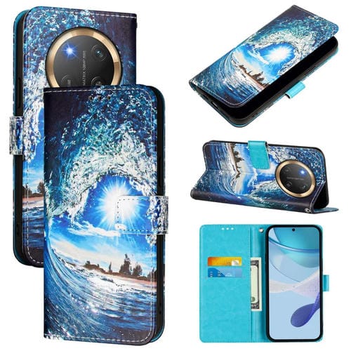 Funda de Cuero para Honor X9C 5G con Patrón de Dibujo de Colores y Tejido Liso (Ondas y Sol)