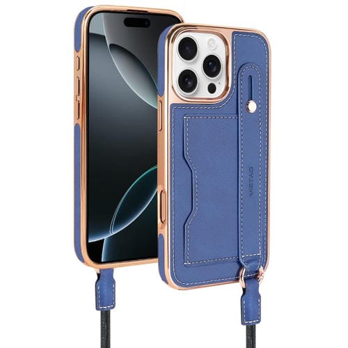 Funda para teléfono Vietao iPhone 16 Pro Max ranura para tarjeta correa de muñeca (Azul)