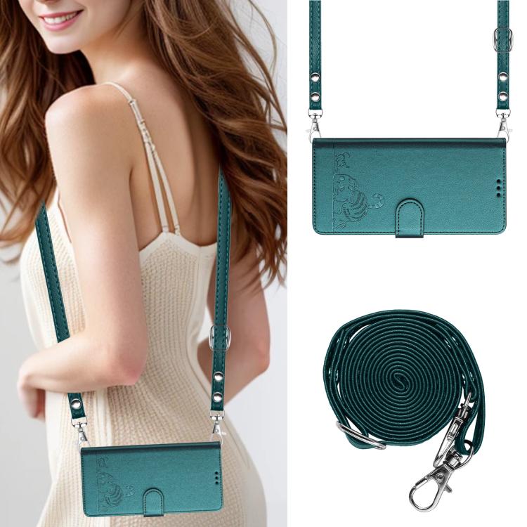 Funda de cuero RFID con estampado de gato y rata para Samsung Galaxy A07 4G, con cordón (verde pavo real)