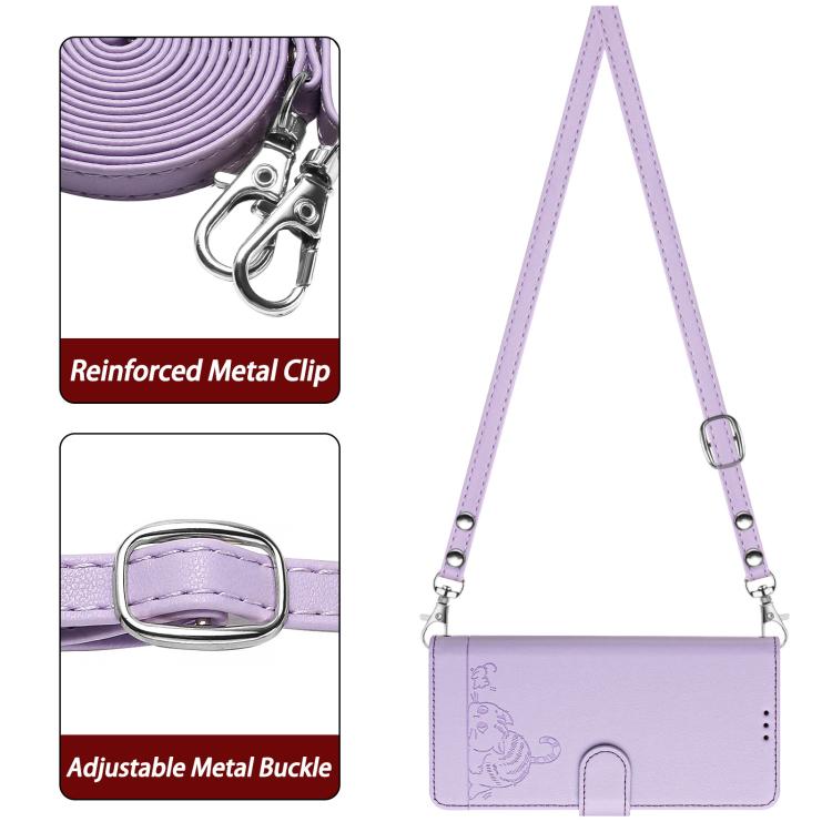 Funda de cuero RFID con estampado de gato y rata para Samsung Galaxy A17 5G, con cordón (morado)