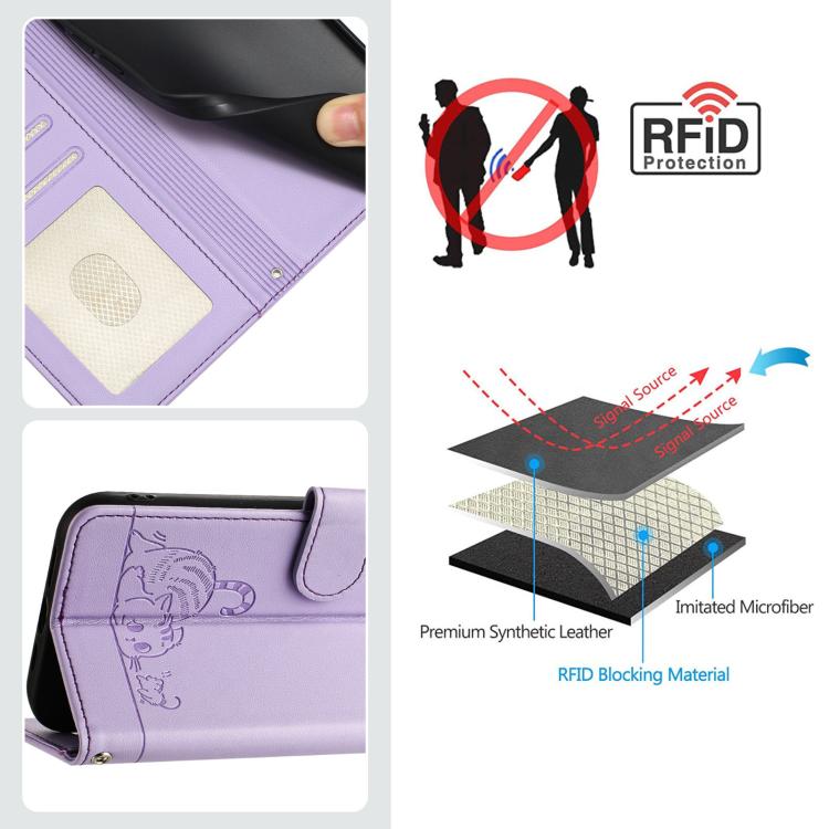 Funda de cuero RFID con estampado de gato y rata para Samsung Galaxy A17 5G, con cordón (morado)