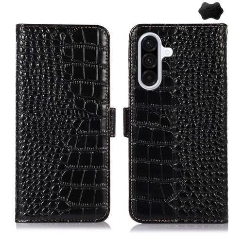 Funda de piel de vacuno con capa superior de cocodrilo para Samsung Galaxy A17 5G (negra)