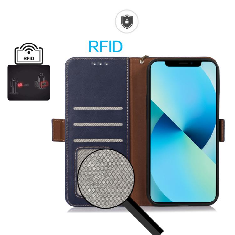 Funda magnética de cuero genuino con textura Crazy Horse RFID para Samsung Galaxy A17 5G (azul)
