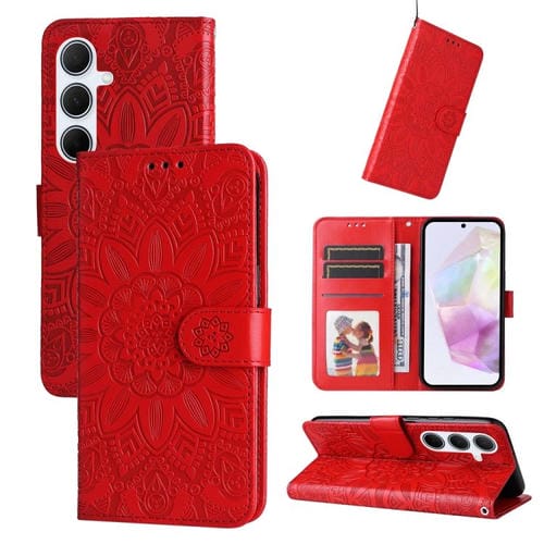 Funda de piel con estampado de girasoles en relieve para Samsung Galaxy A56 5G (roja)