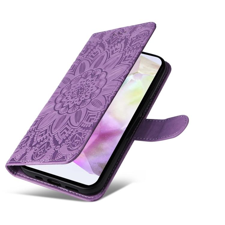 Funda de piel con estampado de girasoles para Samsung Galaxy A56 5G (morada)