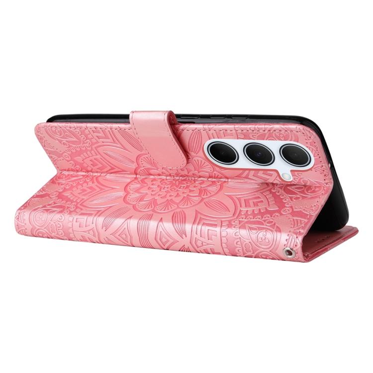 Funda de piel con estampado de girasoles en relieve para Samsung Galaxy A56 5G (oro rosa)