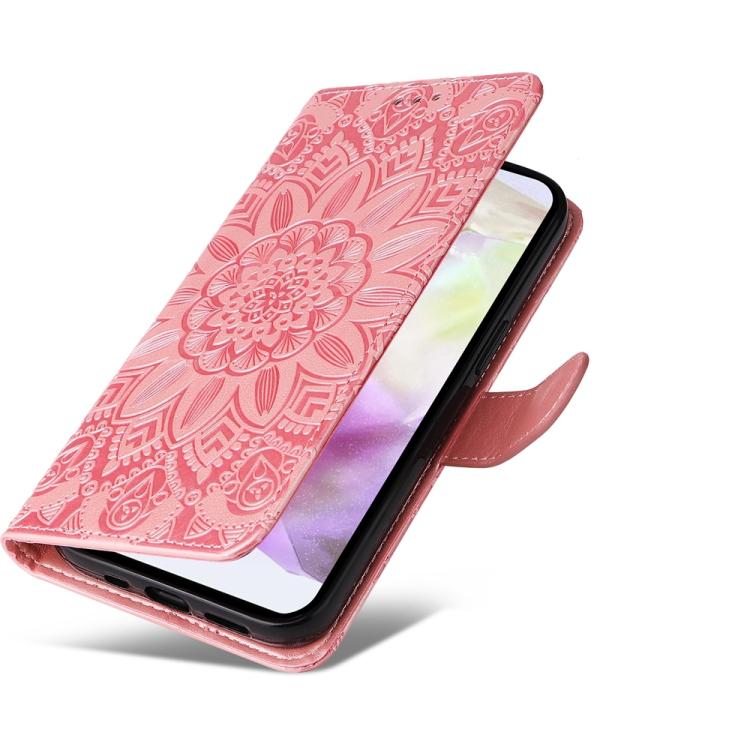 Funda de piel con estampado de girasoles en relieve para Samsung Galaxy A56 5G (oro rosa)