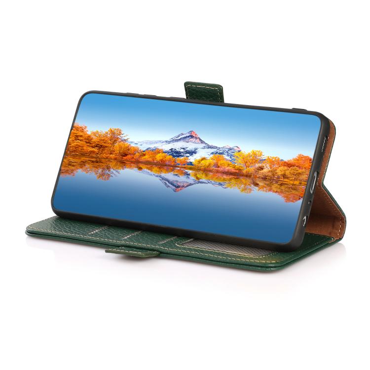 Funda de cuero genuino KHAZNEH con imán lateral RFID para Samsung Galaxy A07 5G (verde)