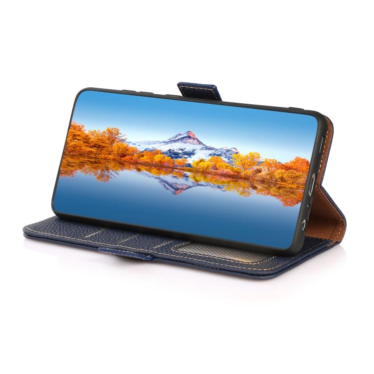 Funda de cuero genuino KHAZNEH con imán lateral RFID para Samsung Galaxy A17 5G (azul)