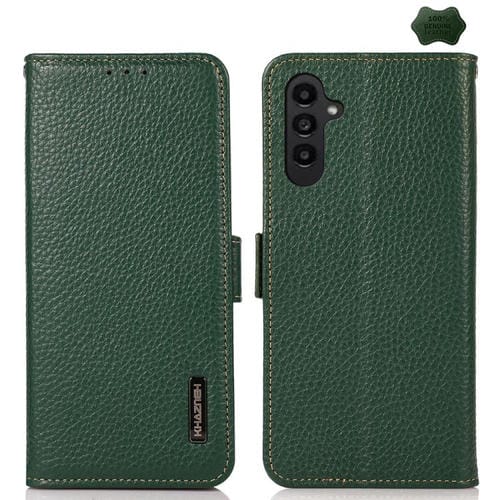 Funda de cuero genuino KHAZNEH con imán lateral RFID para Samsung Galaxy A17 5G (verde)