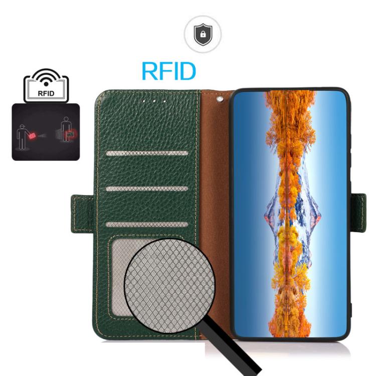 Funda de cuero genuino KHAZNEH con imán lateral RFID para Samsung Galaxy A17 5G (verde)
