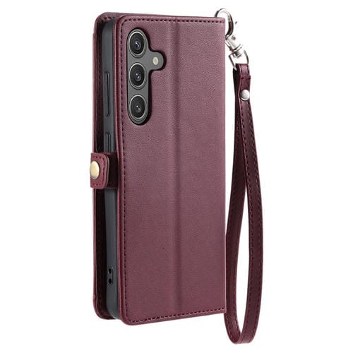 Funda de cuero con ranura para múltiples tarjetas y cordón para Samsung Galaxy S25 FE 5G (rojo vino)