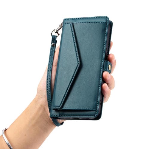 Funda de cuero con ranura para múltiples tarjetas y cordón para Samsung Galaxy S25 FE 5G (verde)