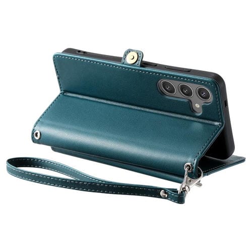 Funda de cuero con ranura para múltiples tarjetas y cordón para Samsung Galaxy S25 FE 5G (verde)