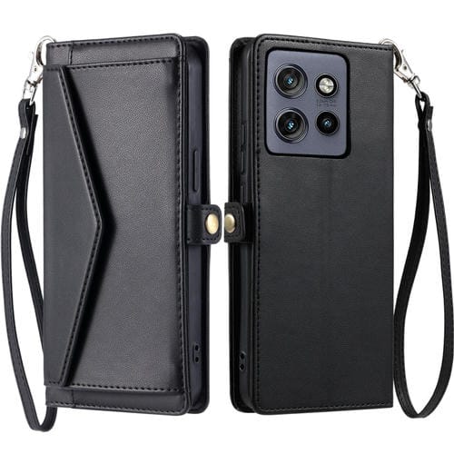 Funda de Cuero para Motorola Edge 50 Neo con Ranura para Tarjetas y Cordón (Negro)