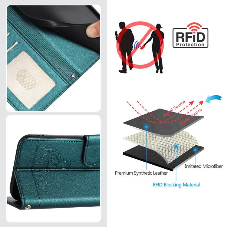 Funda de piel con grabado de gato y rata para Samsung Galaxy M56 5G, con RFID y cordón (verde pavo real)