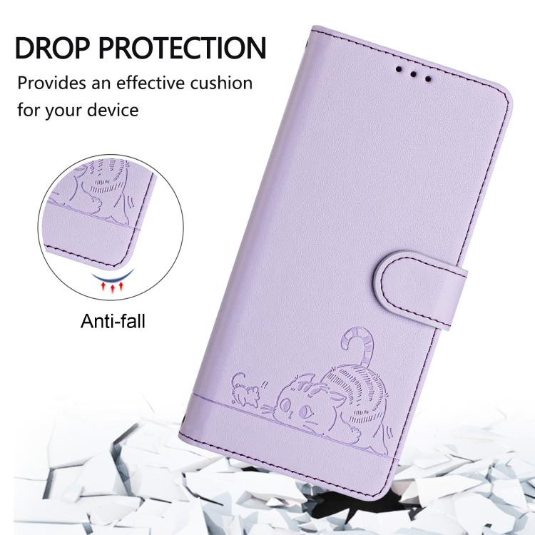 Funda de cuero RFID con relieve de gato y rata para Samsung Galaxy M56 5G con cordón (morado)