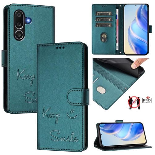 Funda de cuero RFID con relieve sonriente para Samsung Galaxy M56 5G (verde pavo real)