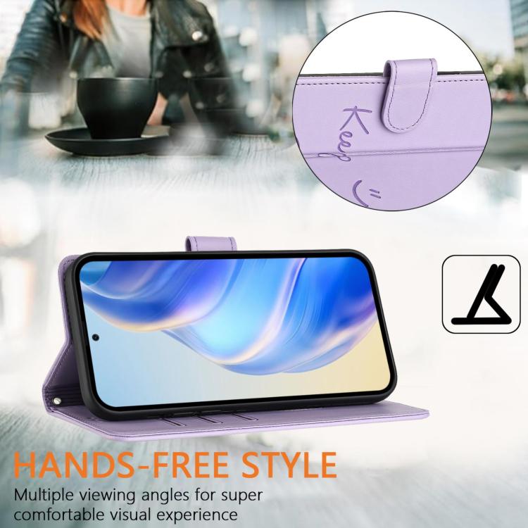 Funda de cuero RFID con relieve sonriente para Samsung Galaxy A17 4G (morado claro)