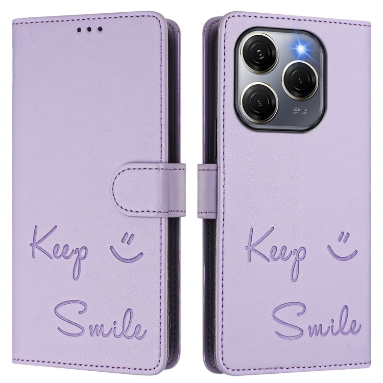Funda Cuero Rfid Relieve Sonriente Tecno Spark 20 Pro 5G (Morado Claro)