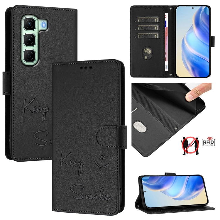 Funda de Cuero Rfid con Relieve Sonriente para Infinix Hot 50 5G (Negra)