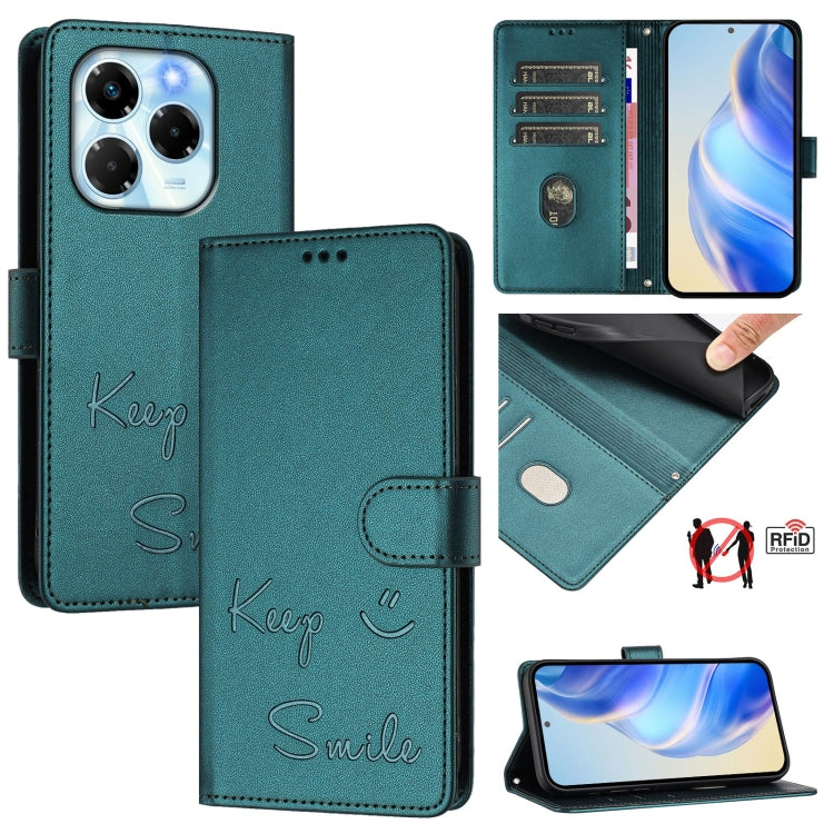 Funda de Cuero RFID con Relieve Sonriente para Infinix Note 40X 5G (Verde Pavo Real)