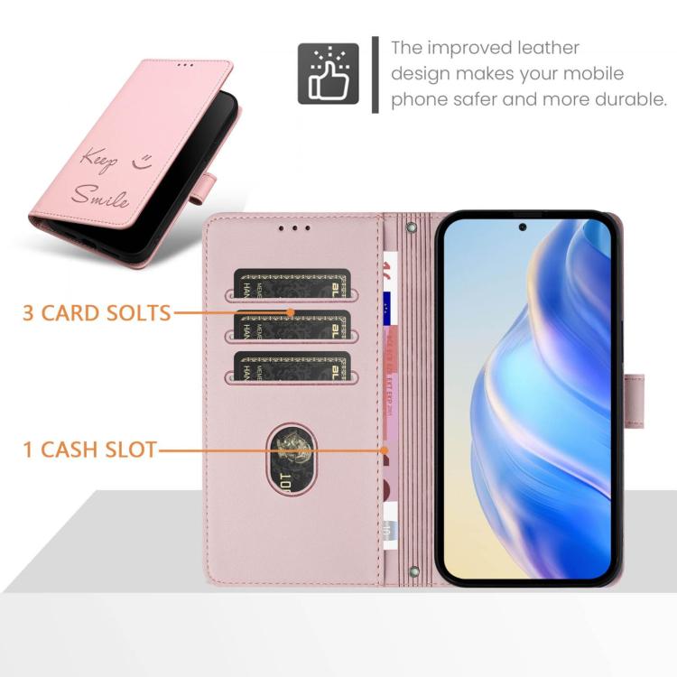 Funda de cuero RFID con relieve sonriente para TCL 605/60 SE (rosa)